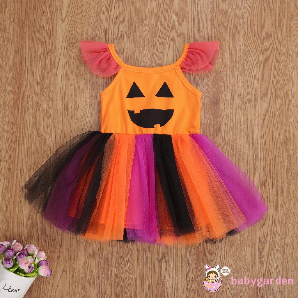 Đầm sát nách in họa tiết bí ngô phong cách Halloween thời trang cho bé gái 1-4T