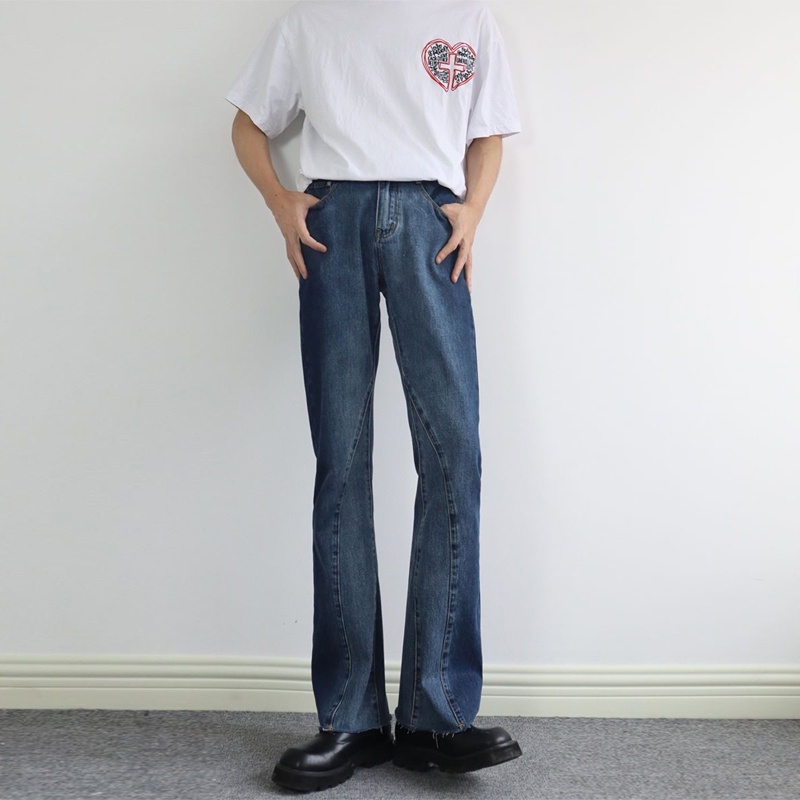 Quần Jean Nam Ống Loe Rộng Màu Sắc Tương Phản Phong Cách Hàn Quốc