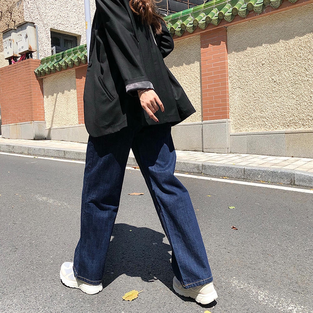 Quần jean 31437 ống suông rộng màu xanh dương phong cách retro thời trang Hàn Quốc dành cho nữ 