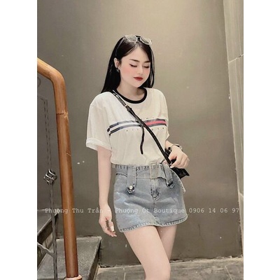 Áo thun cổ tròn phối màu chữ Tommm