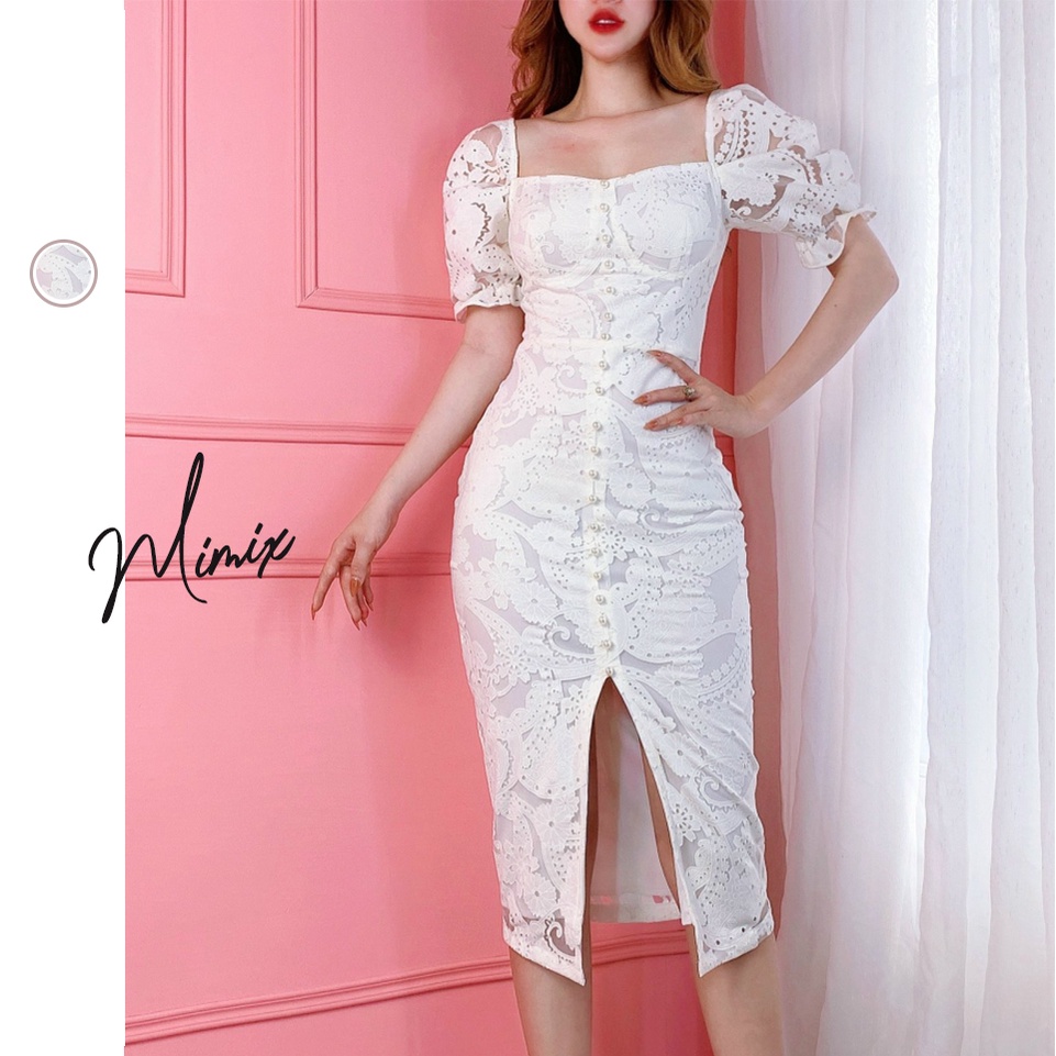 Đầm body ren xẻ tà trắng đính nút ngọc MIMIX BO1190