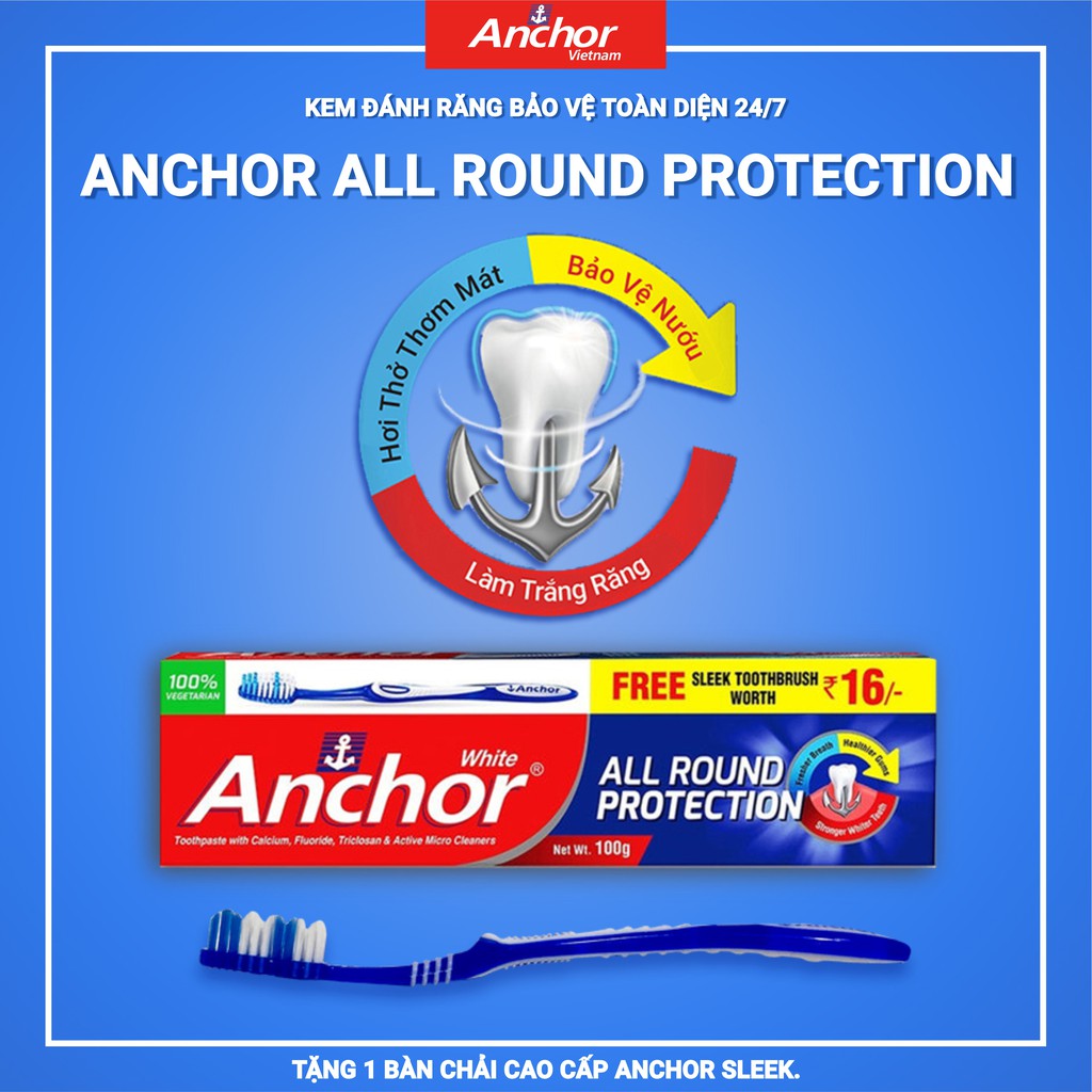 [TẶNG BÀN CHẢI]Kem Đánh Răng Bảo Vệ Toàn Diện 24/7 Anchor All Round Protection - 100g