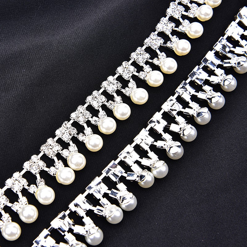 Set 50cm Hạt Ngọc Trai + Dây Xích Trong Suốt Đính Pha Lê Dùng Trang Trí Váy Cưới