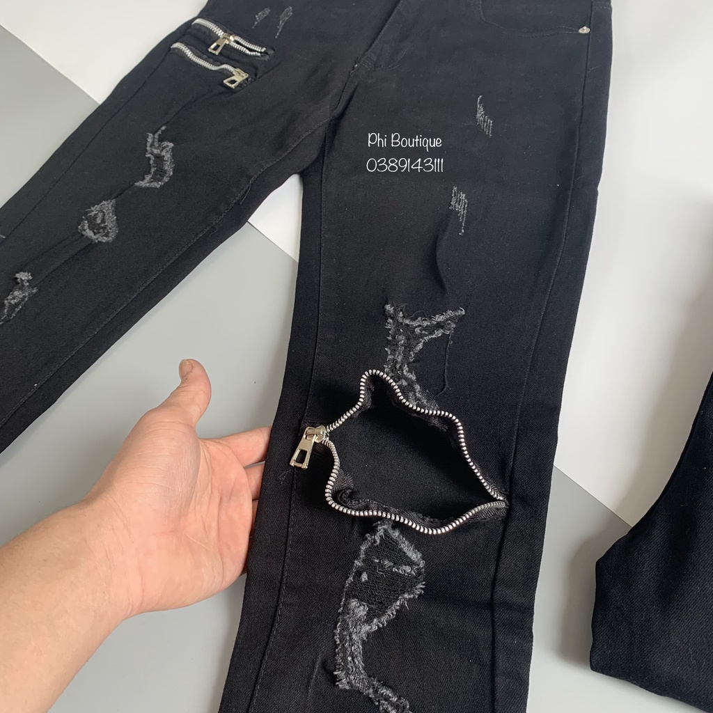 Quần jean bò nam Amiri slimfit đen rách xước thêu khoá zip đùi gối phong cách boy phố