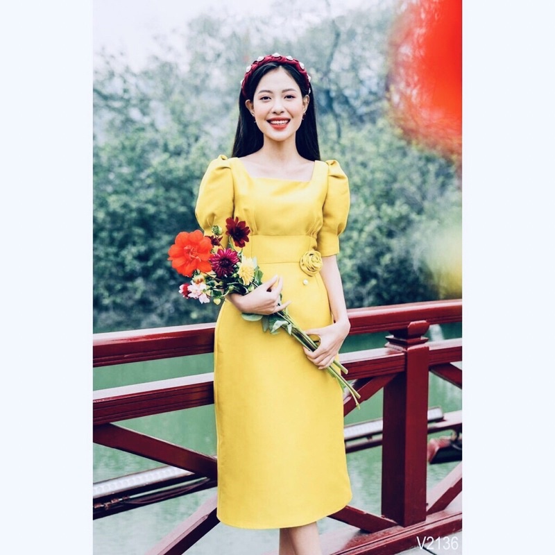 Đầm tay ngắn cổ vuông eo kết hoa cài đi dự tiệc, đi chơi cực kỳ sang chảnh