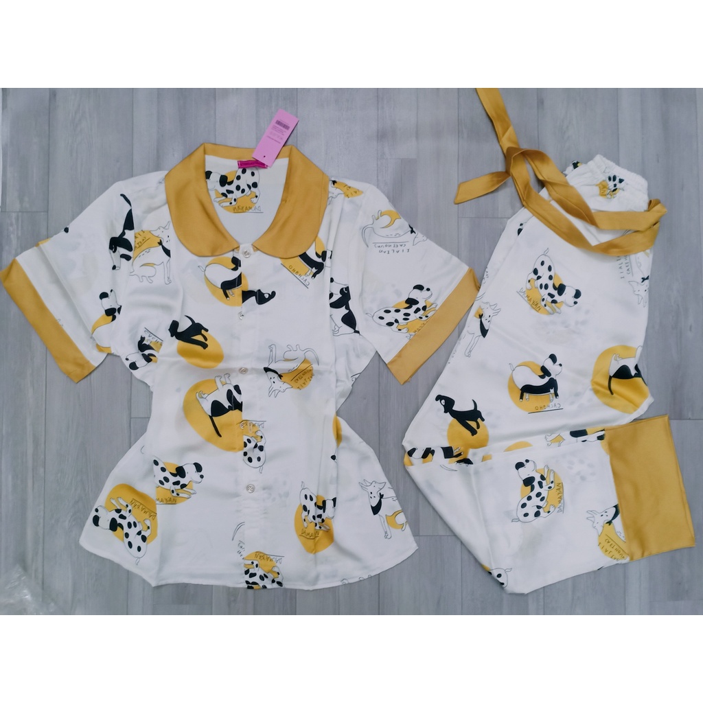 PIJAMA satin lụa, đồ bộ nữ tay ngắn quần dài cao cấp, xinh xắn SALE XÃ HÀNG