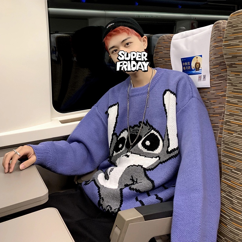 ✦ AFFLIGA ✦Áo sweater cổ tròn dáng rộng màu trơn in hoạt hình Stitch kiểu Nhật Hàn thời trang mùa đông cho nam