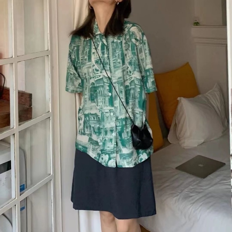 Áo Sơ Mi Ngắn Tay Form Rộng Phong Cách Retro Dành Cho Nữ