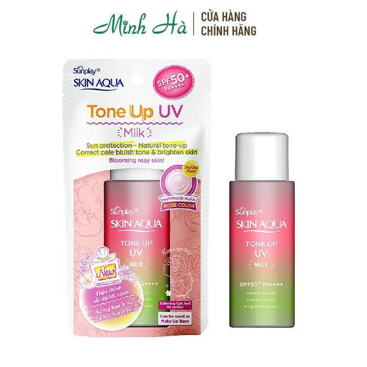 Sữa chống nắng Sunplay Skin Aqua Tone Up UV Milk Happiness Aura (Rose) giúp hiệu chỉnh sắc da