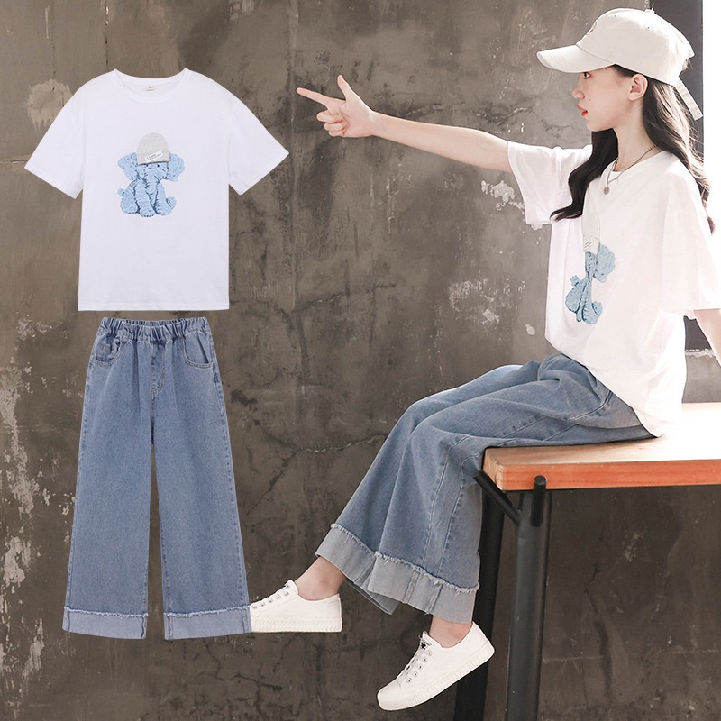 Set Đồ Thể Thao Mùa Hè 2 Món Gồm Áo Thun Tay Cộc + Quần Denim Thời Trang Hàn Quốc Cho Bé Gái 2022 Mới