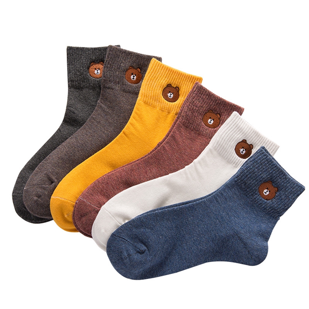 Vớ ống dài thêu hình gấu hoạt hình thời trang bằng vải cotton thoáng khí dành cho bạn nữ