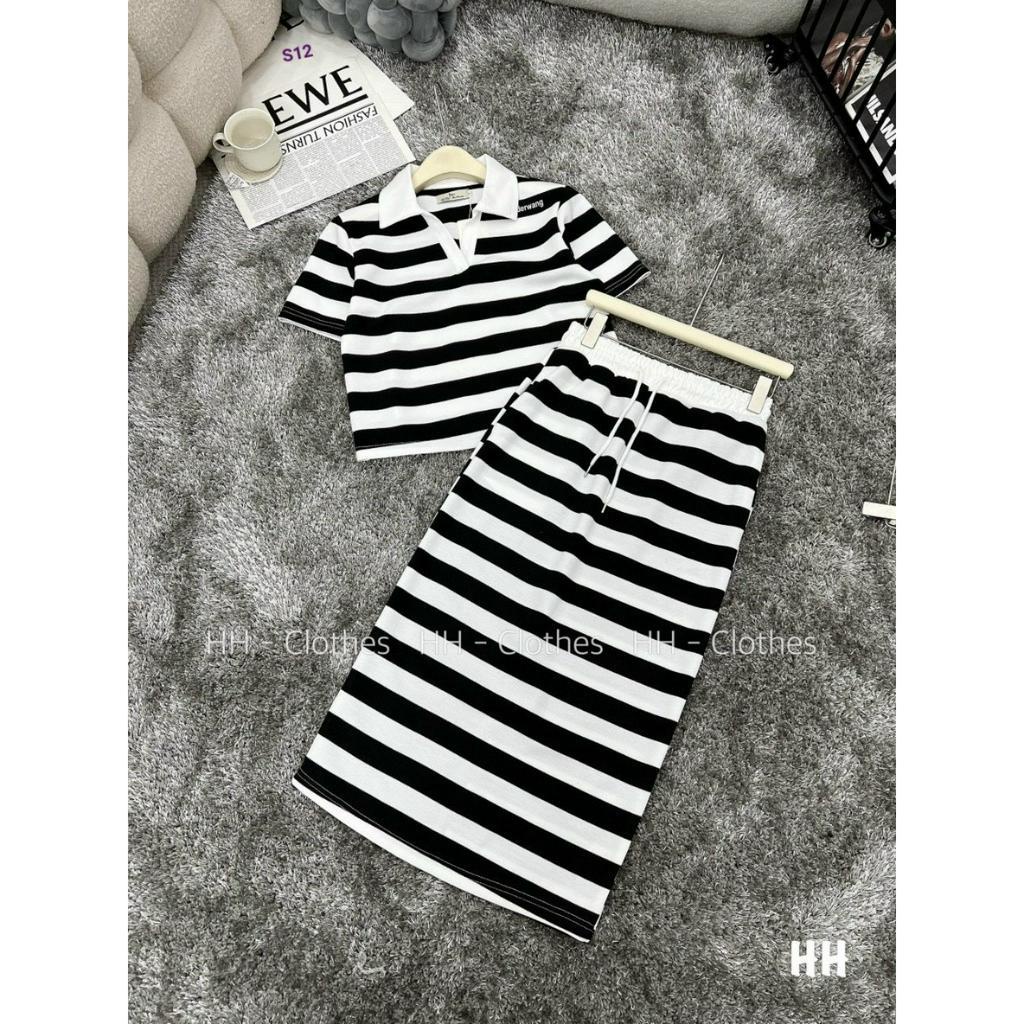 Set áo croptop cổ bẻ kẻ sọc chân váy xẻ tà dáng suông, Sét nữ kẻ chân váy bút chì cực xinh chất kẻ zip ❤️❤️❤️Gb98