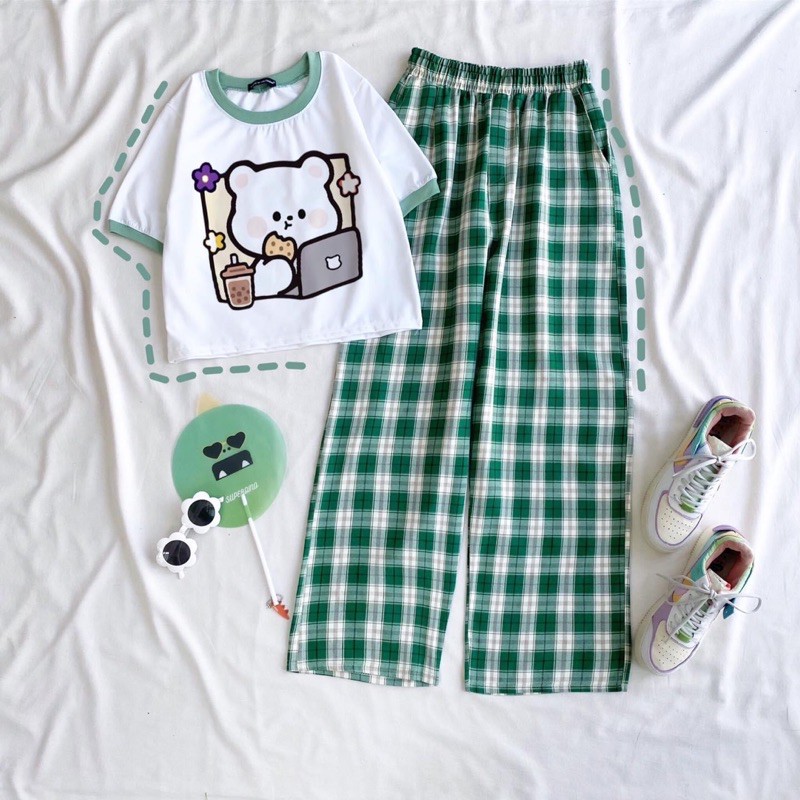 Set áo croptop + Quần Caro ống xuông
