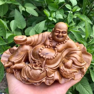 Tượng Phật Di Lặc để xe ô tô ngồi lá sen gỗ nguyên khối cao cấp- TẶNG VÒNG ĐEO TAY - MIỄN PHÍ ĐỔI TRẢ