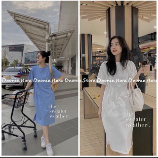 Váy thun trơn dáng suông buộc dây lệch eo ♥ Đầm form rộng xẻ tà ulzzang cotton năng động ♥