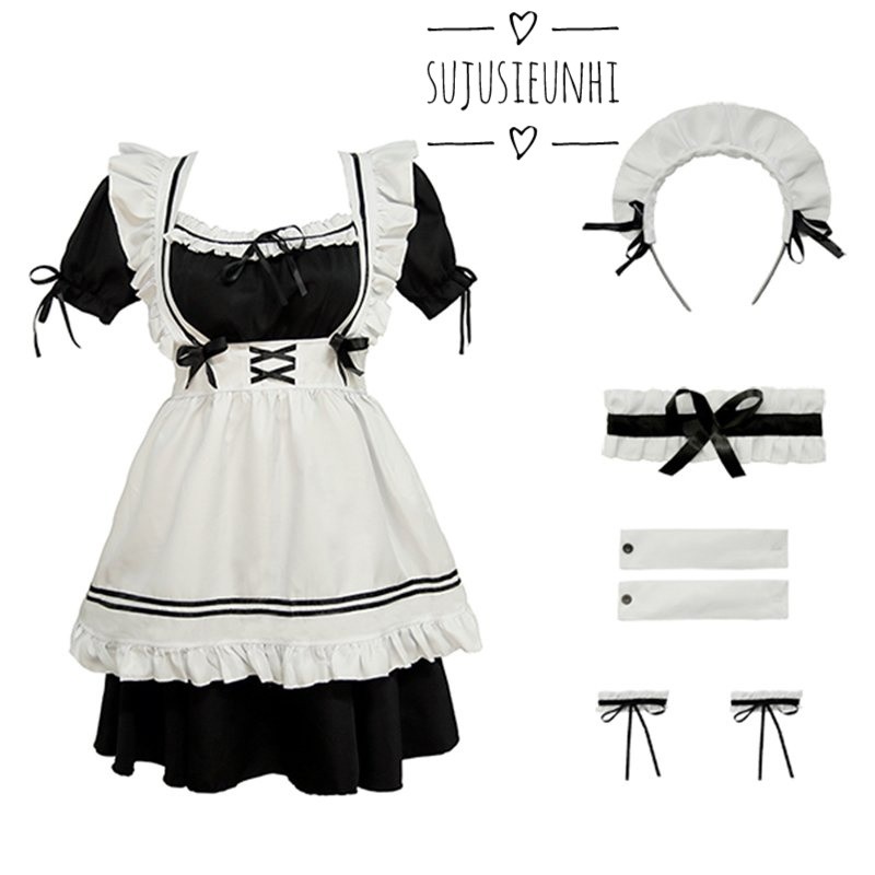 (CÓ VIDEO) Full set 7 chi tiết bộ trang phục hầu gái dễ thương- Cute Maid- Lolita Cosplay dress