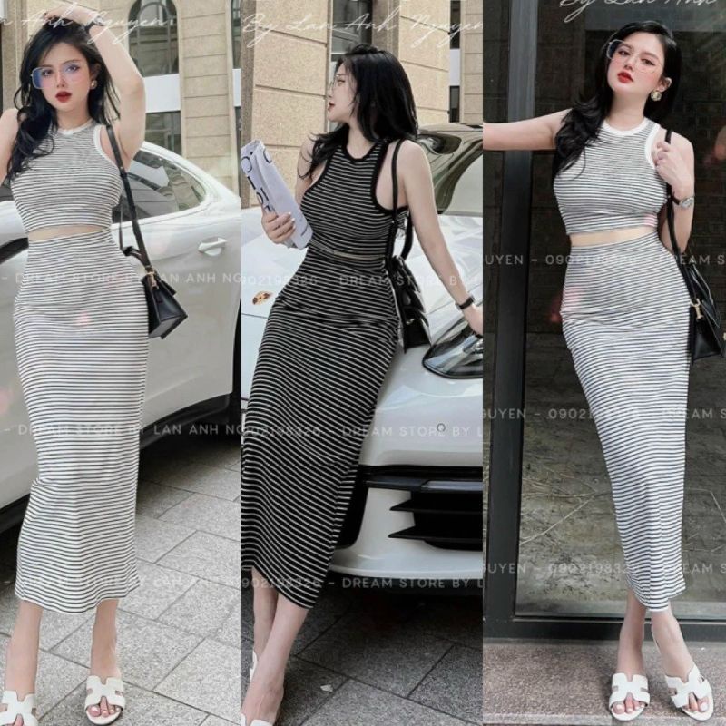 Set Kẻ Sọc Ngang Áo Croptop Ba Lỗ Sát Nách Và Chân Váy Bút Chì Dáng Dài Maxi Form Ôm Body Sexy