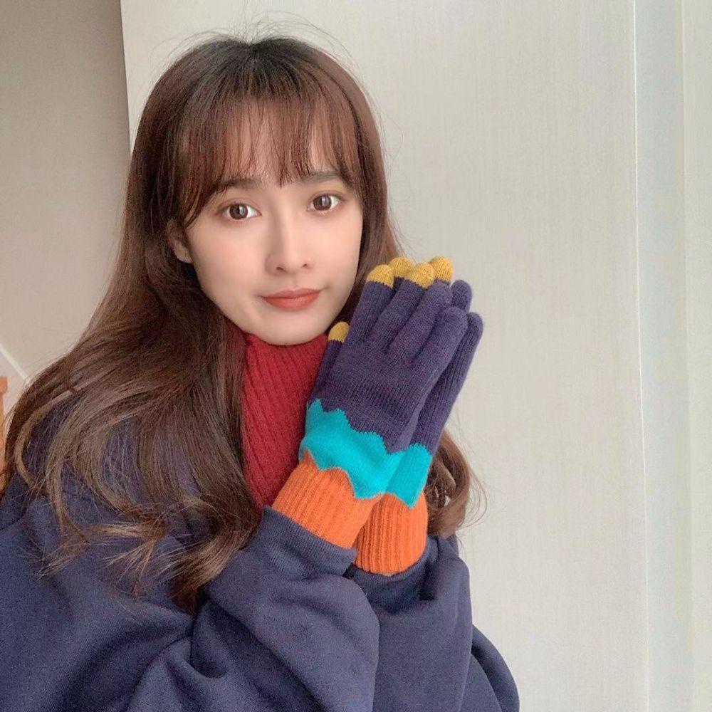 Găng Tay Len Phối Nhung Mềm Mại Màu Sắc Tương Phản Thiết Kế Đơn Giản Thời Trang Cho Nữ