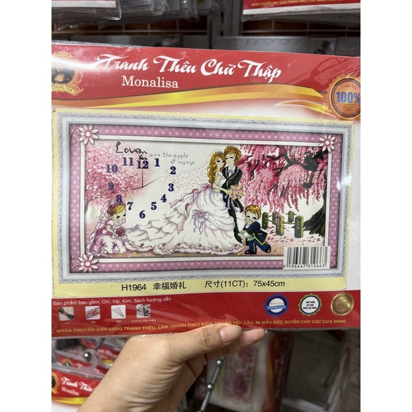 tranh thêu chữ thập đồng hồ cô dâu chú rể h1964 (75x45)
