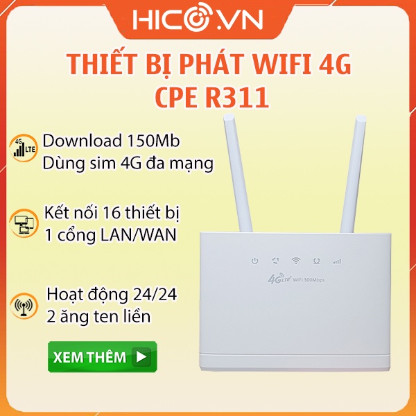 Bộ Phát Wifi 3G 4G CPE R311 Tốc Độ Truyền Tải 300Mb 1 Cổng LAN, Hỗ Trợ 16 Thiết Bị Chuyên Lắp Xe Khách, Văn Phòng