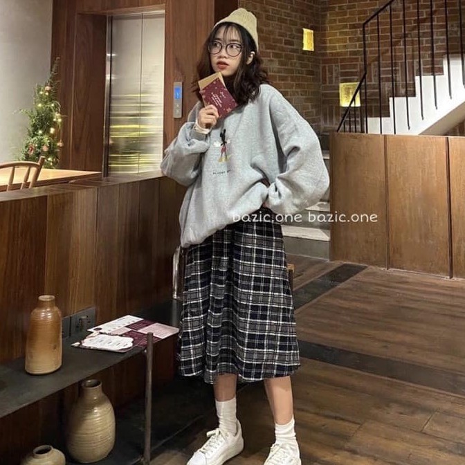 Chân váy dạ kẻ vintage cạp chun dáng dài | BigBuy360 - bigbuy360.vn