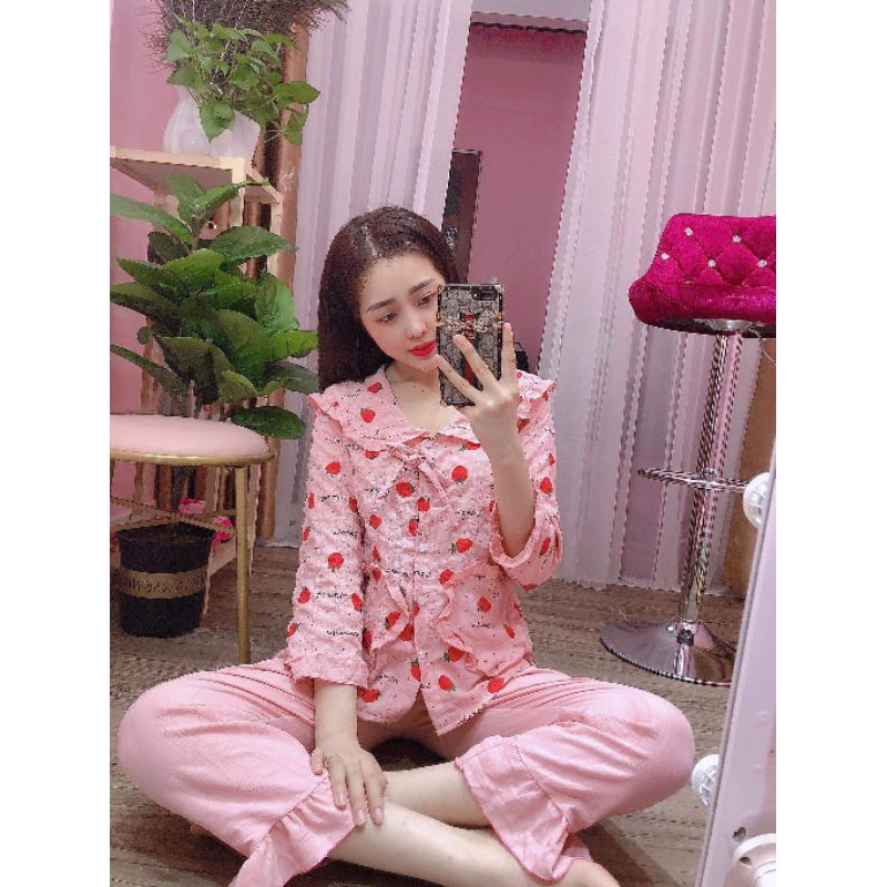Set tiểu thư đũi xốp dâu tay dài quần dài siêu đẹp