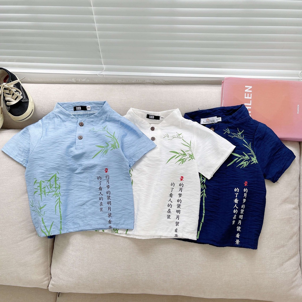 Bộ đồ bé trai cộc tay vải đũi in hình cây tre quần đùi cho trẻ mặc đi chơi SUMO KIDS Quần áo trẻ em