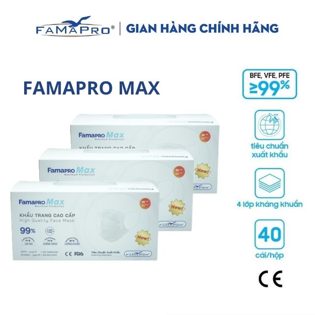 [MAX TRẮNG COMBO 3 HỘP 40 CÁI] Khẩu trang y tế cao cấp kháng khuẩn 4 lớp Famapro max