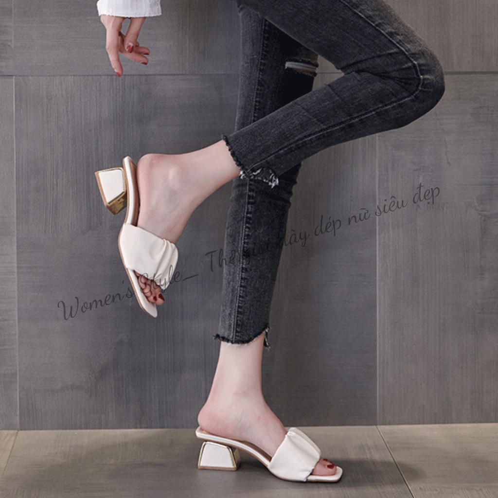 Giày cao gót nữ 5P đế vuông siêu hot quai nhún bèo 3 màu trắng, đen, kem thời trang, Guốc cao gót giá rẻ