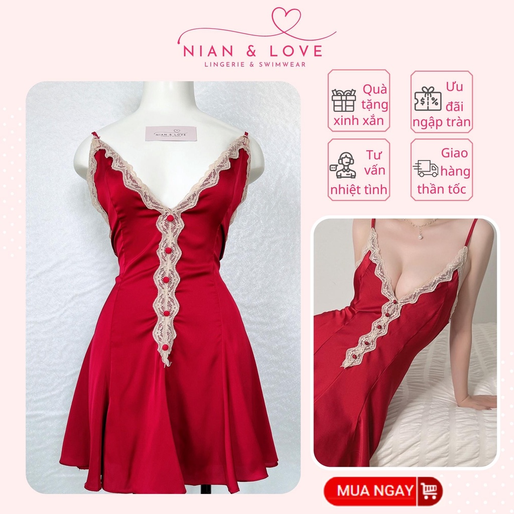 Váy ngủ sexy gợi cảm NIAN&LOVE đầm ngủ sexy lụa cao cấp kèm quần lọt khe nữ phong cách quyến rũ 4 màu thời trang