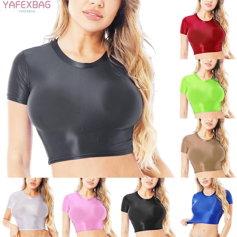 Women Glossy Short Sleeve Crop Tops T-Shirt Slim Yoga Gym Sports Short Tops 2022 hot salenew
