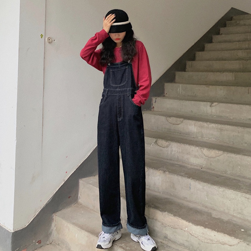 Quần yếm bò denim dáng dài có túi trước ngực ống dài rộng style retro Hàn Quốc