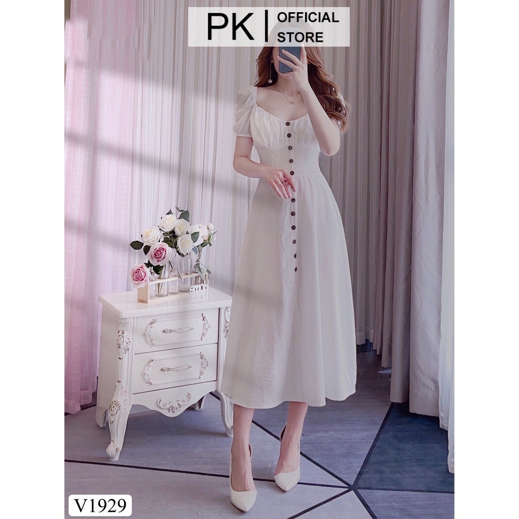 Đầm Thiết Kế Dáng Xoè Trắng Khuy Gỗ V1929, Váy Xoè Tiểu Thư Cao Cấp - PK Official