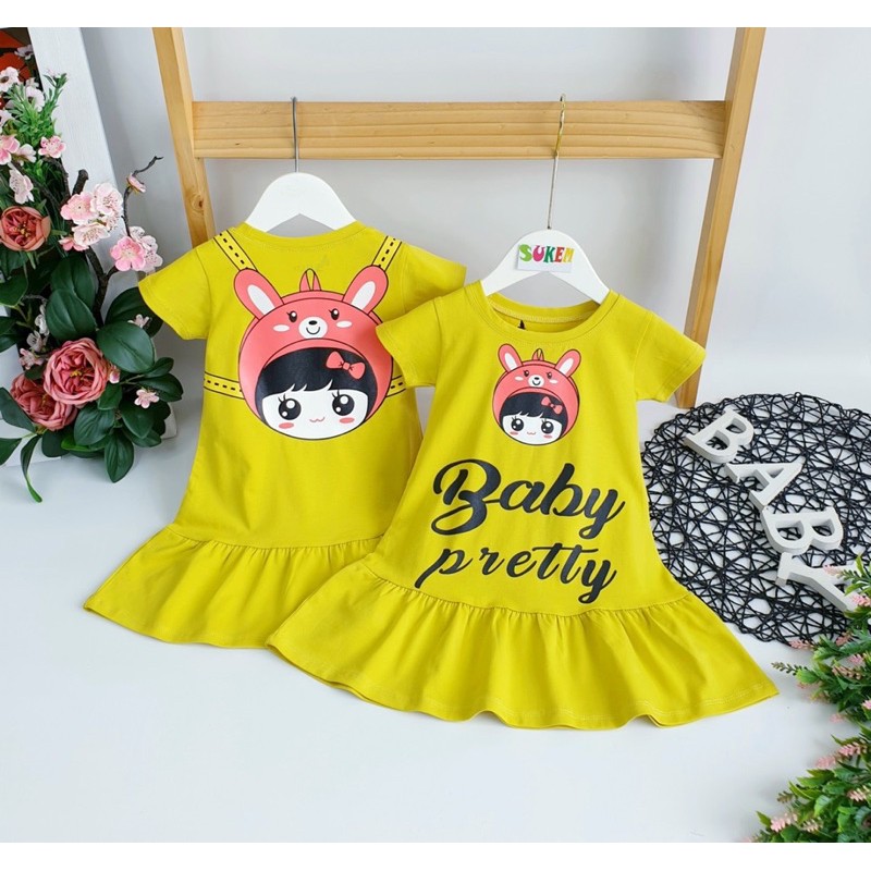 [8-24kg] Đầm cotton balo cô gái - xanh biển, vàng