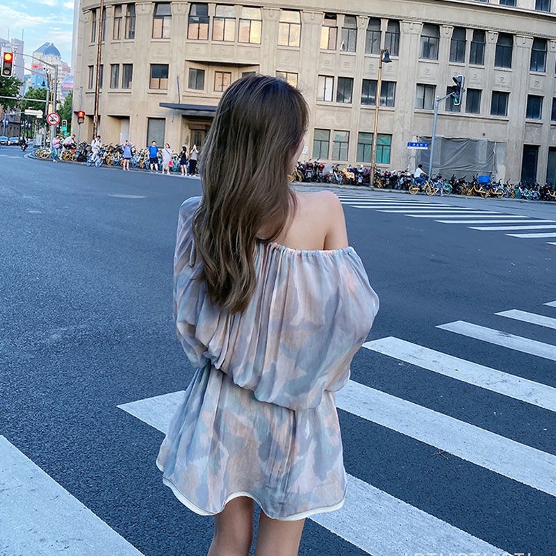 Đầm Ngắn Trễ Vai Thiết Kế Xếp Ly Thời Trang Xuân Hè Cho Nữ
