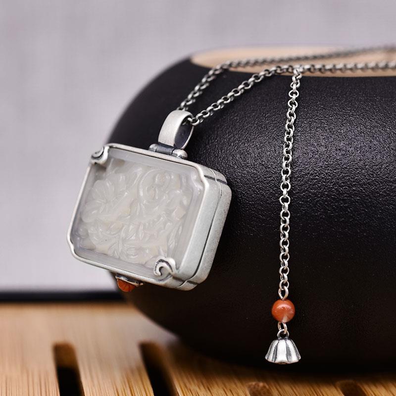 Chảo Mở♥Dây Chuyền Bạc 925 Mặt Hộp Đá Ngọc Bích Phong Cách Trung Hoa Cổ Điển Cho Nữ