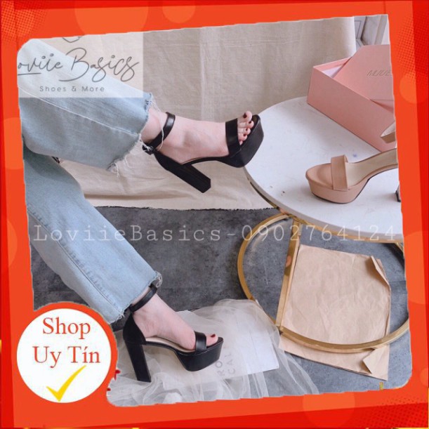 LOVIIEBASICS - GIÀY SANDAL NỮ CAO GÓT QUAI NGANG ĐẾ ĐÚP 11CM - GIÀY SANDAL CAO GÓT QUAI NGANG - ĐEN KEM TRẮNG - G201071