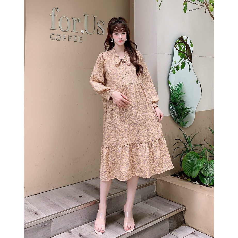 Đầm Bầu Váy Bầu Dài Tay Cổ Nơ Hoa Nhí Thiết Kế Dáng Tầng Vải Voan Cao Cấp Đi Chơi Dự Tiệc Sang Trọng M600 Mom and Baby