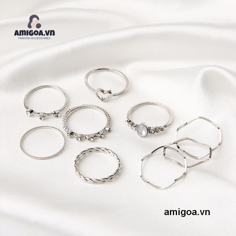 ✨✨Set 9 Nhẫn Đeo Ngón Tay Nhiều Màu Hình Trái Tim Phong Cách Hàn Quốc Cho Nữ