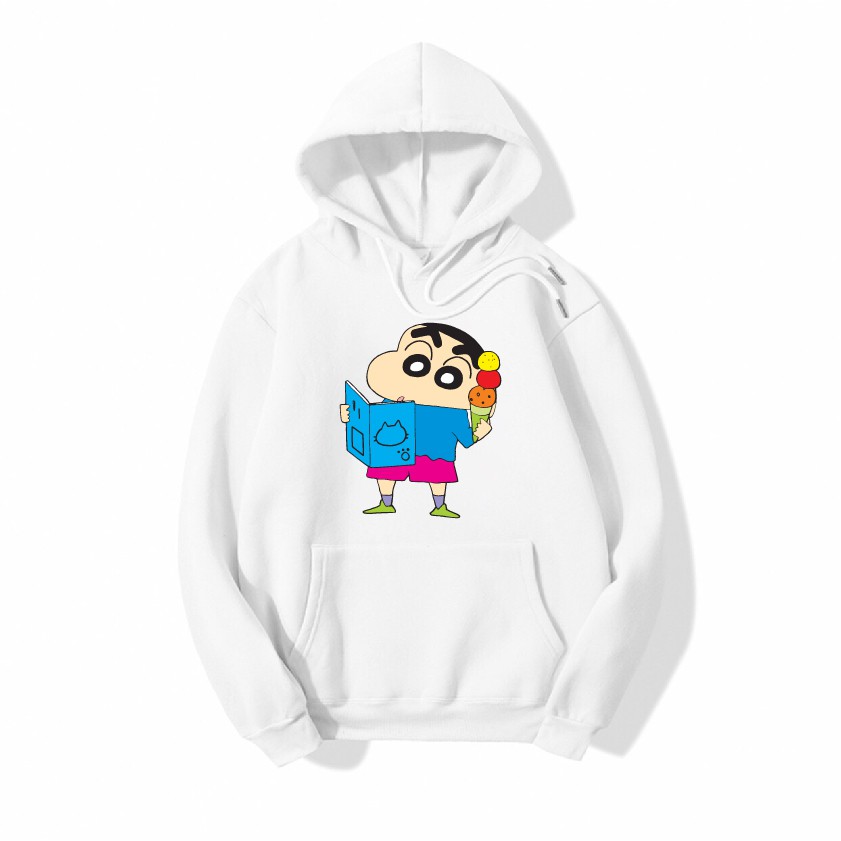 Áo nỉ Hoodie thu đông cậu bé bút chì Shin hoạt hình form suông rộng có mũ unisex, chất nỉ bông siêu ấm