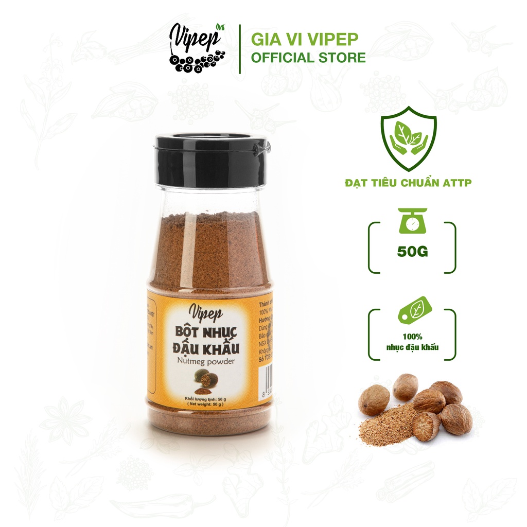 Bột nhục đậu khấu Vipep 50g - gia vị tình yêu, giàu chất dinh dưỡng, vị bùi the the, hương thơm giống phô mai