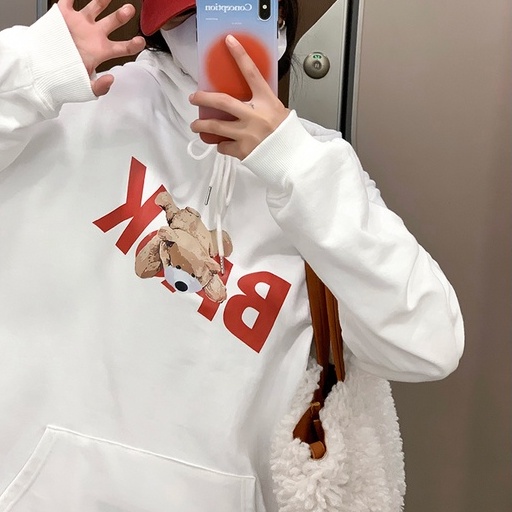 ZHELIHANGFEI Áo Hoodie Tay Dài Form Rộng Họa Tiết Gấu Theo Phong Cách Preppy Dễ Phối Đồ