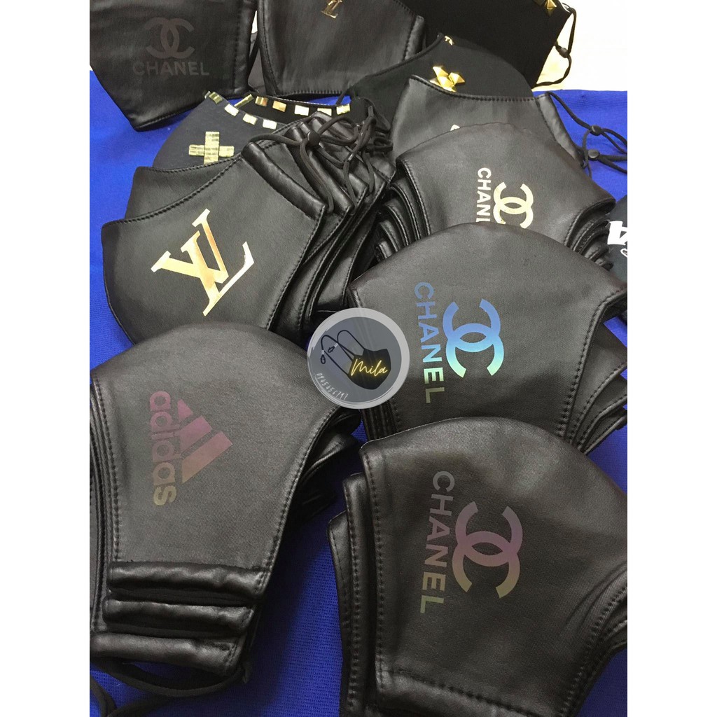 Khẩu trang da in logo quản quang , vàng size người lớn - Khẩu trang thời trang cao cấp