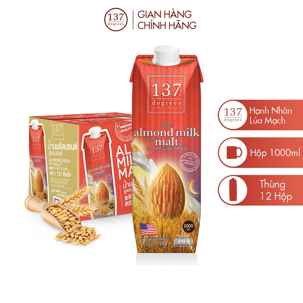 [VỊ MỚI] Thùng Sữa hạt Hạnh nhân Lúa mạch 137 Degrees 1000ml (12 hộp)