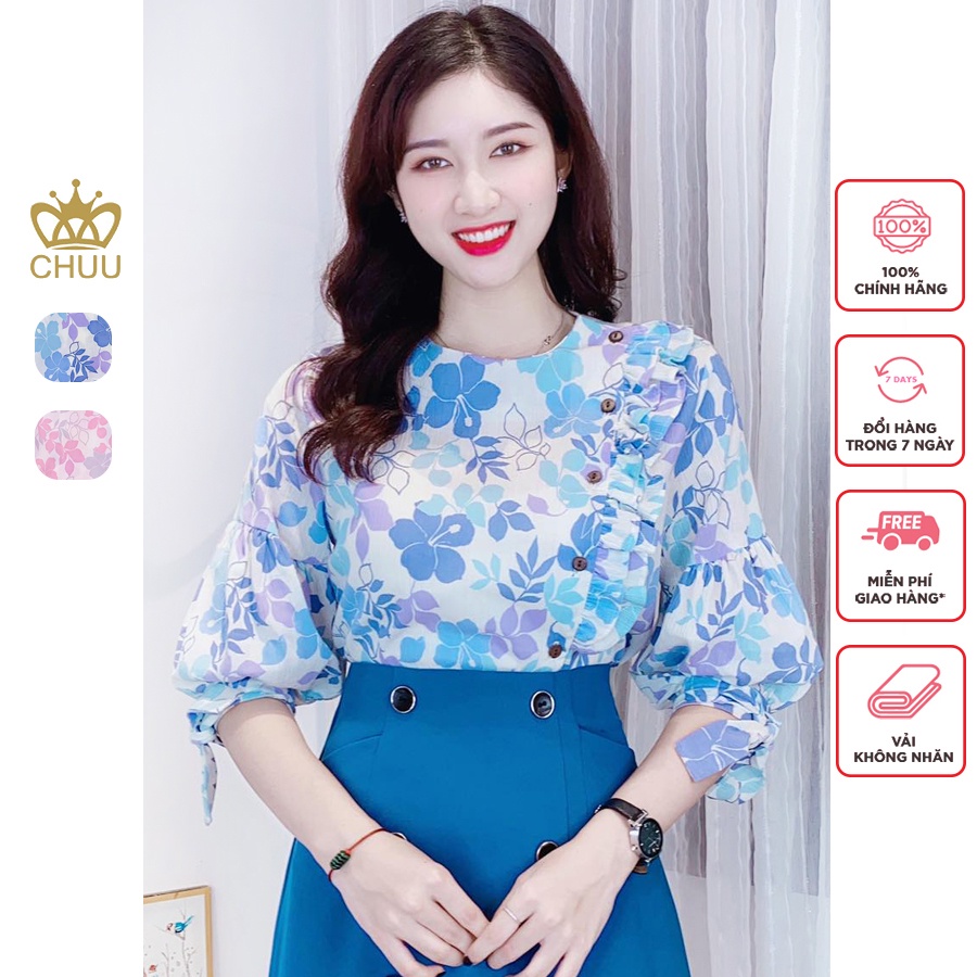 Áo sơ mi kiểu nữ họa tiết hoa lá phối bèo ngực đính nút gỗ tay lửng CHUU A5592