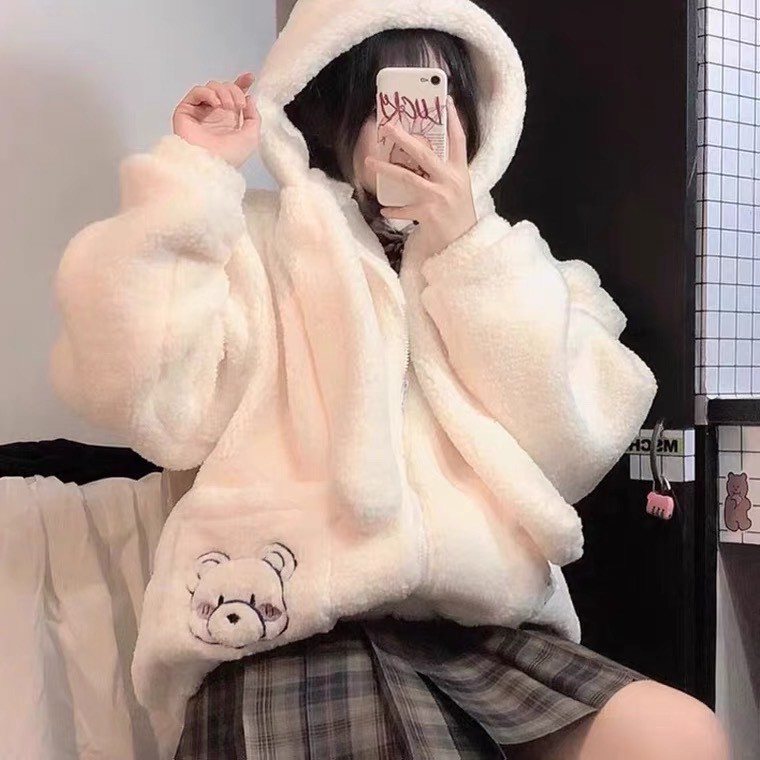Áo khoác bông gấu lông cừu liền khăn dễ thương 💖🌺 Em Gấu Shop 🌺💖