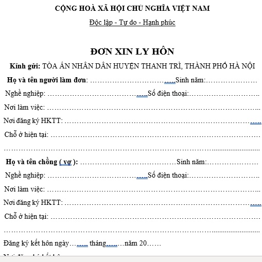 Mẫu đơn ly hôn thuận tình Tòa án nhân dân huyện Thanh Trì, Hà Nội + Bản hướng dẫn viết dơn ly hôn, hồ sơ ly hôn