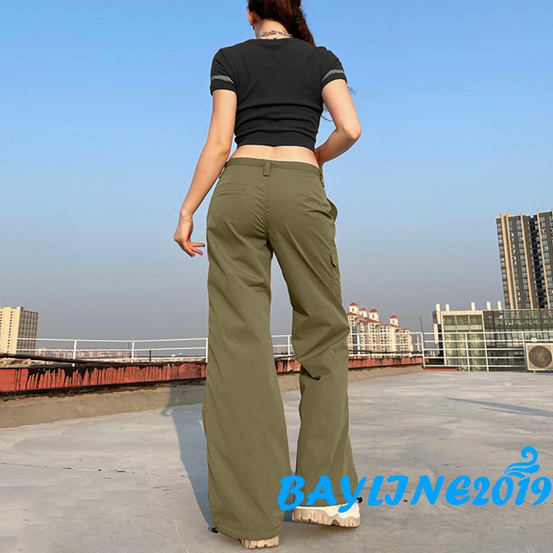 Quần Dài Ống Rộng Màu Trơn Cài Nút Có Túi Phong Cách Đường Phố Thời Trang Cho Nữ