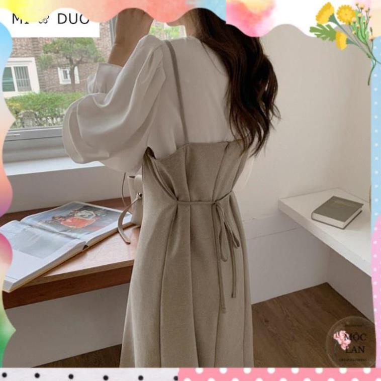 Váy yếm hai dây mùa thu thắt eo suông dài điệu đà tiểu thư ,