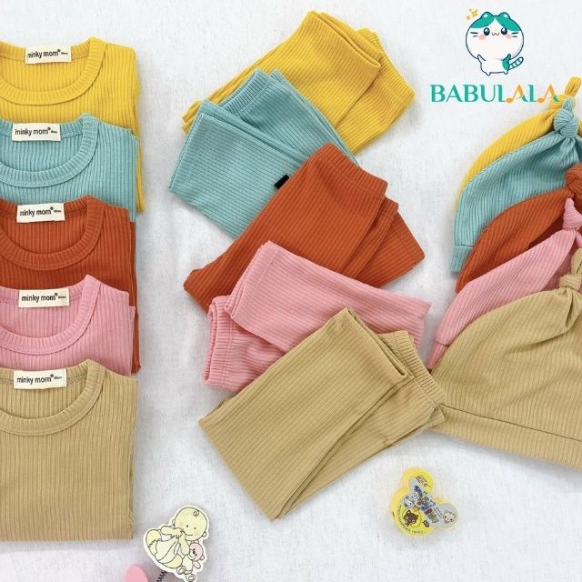 Bộ Dài Tay Thun Gân Tăm Kèm Mũ Củ Tỏi MINKY MOM Cho Bé Gái Bé Trai-Set Bộ Len Tăm Củ Tỏi 0 1 2 3 4 5 Tuổi BABULALA LT01